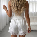 White Satin  Lace Trim High-Waisted Shorts
