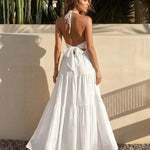 White Halter Neck Tiered Backless Maxi Dress