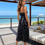 Black White Polka Dot Print Spaghetti Strap Drawstring Bust High Slit Midi Dress