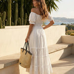 White Off-Shoulder Tiered Maxi Dress
