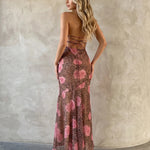 Leopard Print Pink Rose Halter Neck Midi Dress