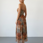 Earth Tone Print Ruched Sheer Mesh Slim Fit Midi Dress