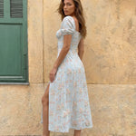 Light Blue Floral Print Tie-Front Slim Fit Midi Dress