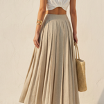 Beige Minimalist Linen Blend Pleated High Waist Maxi Skirt