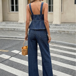 Blue White Vertical Pinstripe Sweetheart Strap Wide Leg Two Piece Set