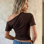 Brown One Shoulder Draped Ruched Short Sleeve Blouse