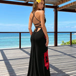 Black Red Floral Print Spaghetti Strap Maxi Dress