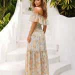 Yellow Floral Off Shoulder Smocked Tiered Chiffon Maxi Dress
