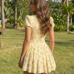 Yellow Floral Print Puff Sleeve Corset Mini Dress