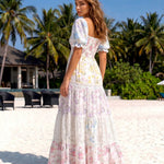 Pastel Floral Print Puff Sleeve Tiered Maxi Dress