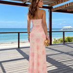Pink Rose Print Strapless Ruched Mermaid Maxi Dress