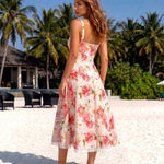 Pink Floral Lace Up Fit and Flare Midi Dress