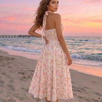 Pink Floral Print Halter Neck Corset Midi Dress