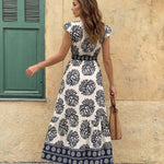 Blue Floral Print V-Neck Ruffle Sleeve Tiered Maxi Dress