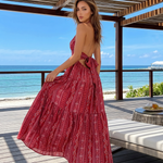 Red Paisley Striped Halter V Metal Ring Maxi Dress