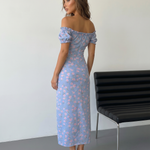 White Pink Floral Print Off-Shoulder Puff Sleeve High Slit Maxi Dress