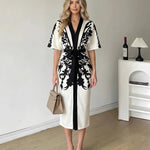 White Black Silhouette Floral Wrap Belted Midi Dress