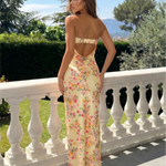 Pale Yellow Ditsy Floral Strapless Tube Satin Maxi Dress