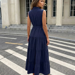 Navy Blue Belted Button Front Regular Fit Midi Shirt Dress