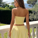Pale Yellow Ruched Drawstring Tube Top Mini Skirt Set