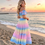 Rainbow Gradient Off-Shoulder Tiered Midi Dress