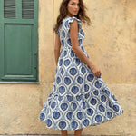 White Blue Floral Print Ruffle Sleeve Midi Dress