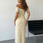 White Pink Floral Print Off-Shoulder Puff Sleeve High Slit Maxi Dress