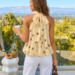Beige Brown Polka Dot High Neck Halter Sleeveless Cropped Top