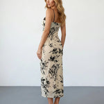 Beige Floral Print Lace Trim Mesh Midi Dress