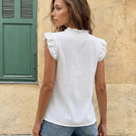 White Floral Embroidered Ruffle Cap Sleeve Tie Neck Blouse