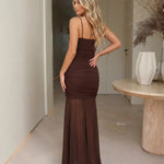 Brown Spaghetti Strap Cowl Ruched Sheer Mesh Maxi Dress