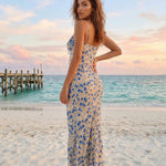 Beige Blue Floral Spaghetti Strap Tie Front Slim Fit Midi Dress