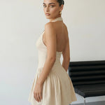 Beige Halter Neck Linen Blend Pleated Mini Dress
