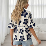 White Navy Hibiscus Floral Ruffle Short Sleeve Peplum Shirt