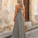 Black Beige Striped Spaghetti Strap Tiered Flowy Maxi Dress