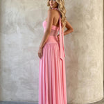 Pink Floral Choker Strapless High Slit Maxi Dress
