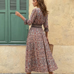 Paisley Print V-Neck Lantern Sleeve Smocked Waist Maxi Dress