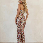 Floral Sequin Embellished Spaghetti Strap High Waist Bodycon Maxi Dress