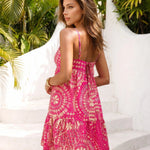 Hot Pink Tribal Print Tiered Sleeveless Loose Fit Mini Dress