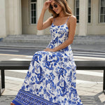 Blue Floral Print Spaghetti Strap Maxi Dress
