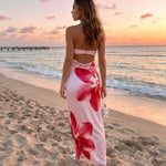 Pink Orchid Print Strapless Satin Maxi Dress