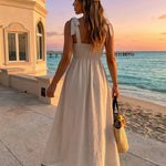 Beige Smocked Bodice Textured Fit and Flare Midi Dress