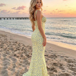 Yellow Floral Print Tie Strap Bodycon Maxi Dress