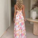 Floral Strapless Twist Bust Ruched High Slit Maxi Dress