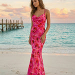 Red Floral Print Cowl Neck Spaghetti Strap Bodycon Maxi Dress