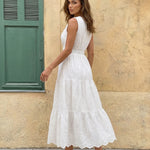 White Eyelet Embroidery Sleeveless Tiered Maxi Dress