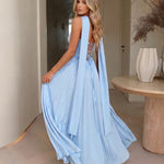 Light Blue Choker Halter Sweetheart Pleated Maxi Dress