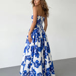 White Blue Floral Strapless Slim Fit Maxi Dress