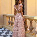 Pink Floral Ruffle Sleeve Cutout Maxi Dress