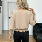 Beige Round Neck Puff Sleeve Smocked Blouse